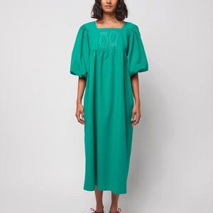 Bobo Choses Puff Sleeve Fish Embroidery Green Midi Dress